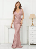 Rose Gold Sequin V-Neck Mermaid Evening Dress with Fringe Sleeves