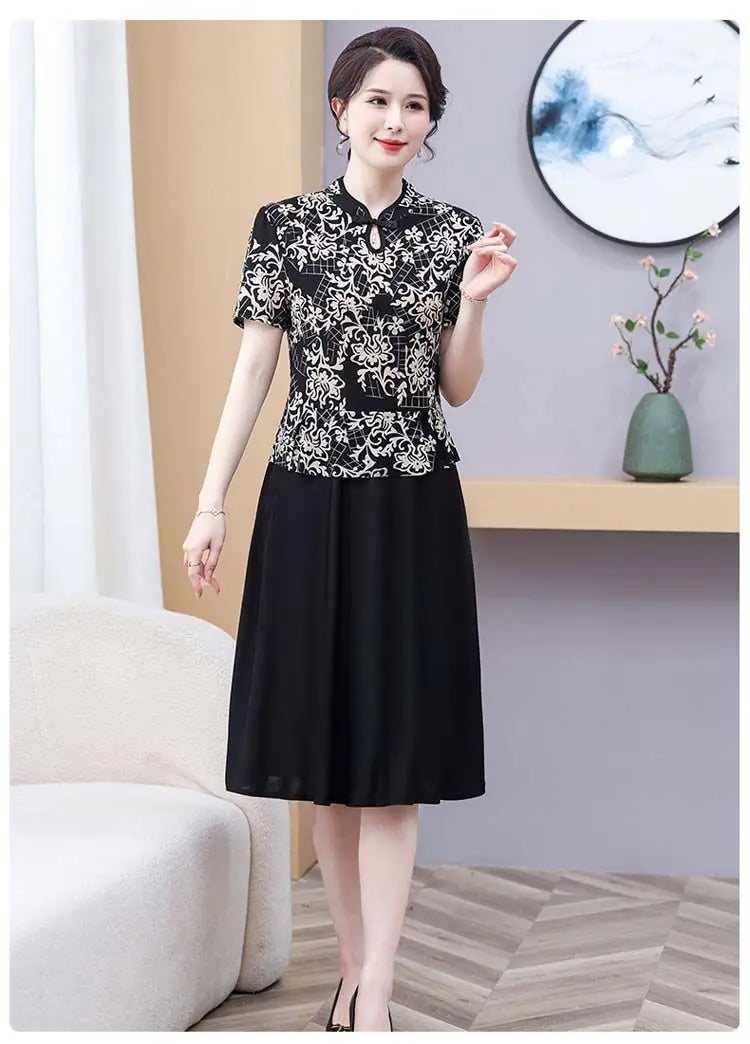 Mom's Summer New Style Cheongsam Elegant and Slimming Middle-aged Women's Wear Fake Two-piece Dress