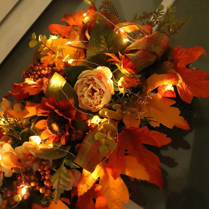 Thanksgiving Door Decorations Fall Wreath Artificial Garland With Peony Berries Maple Sunflower Leaves Harvest Party Pendant