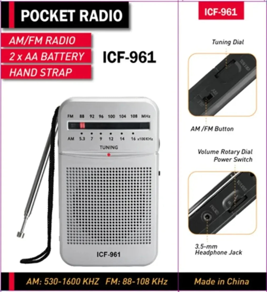 ICF-961 Portable Pocket  Radios AM FM 3.5mm AUX Mini Walkman 2 x AA Battery Outdoor Stereo Radio for Walking Hiking Camping