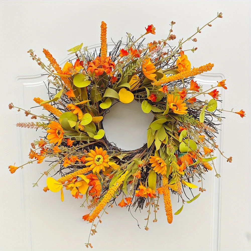 17.7" Fall Wreath for Front Door Orange Farmhouse Harvest Sunflower Wreath with Daisy Flowers Thanksgiving Wreath for Front Door
