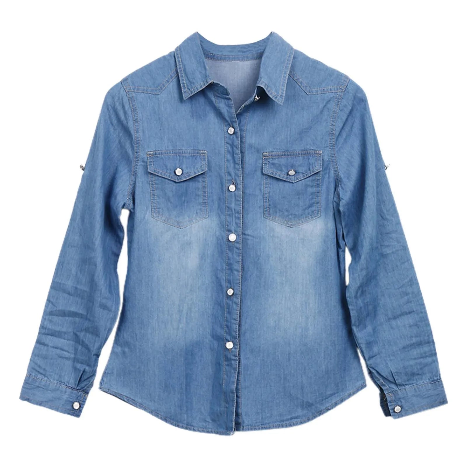 Long Sleeve Women's Denim Shirt 2025 Spring Autumn Classic Vintage Jeans Blouses Tops Retro Casual Button Up Streetwear Top