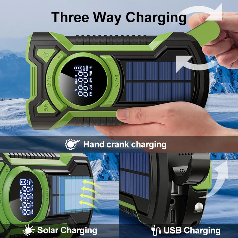Solar Emergency Weather Radio 5000mAh Hand Crank AM/FM/NOAA Portable Emergency Radio Bluetooth5.3 SOS Alarm for Outdoor Survival