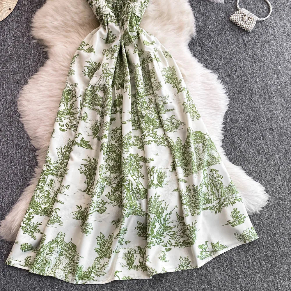 2025 New Summer Pink/Purple Flower Print Romantic Retro Party Dress Elastic High Waist Vacation Long Dress Beach Vestido