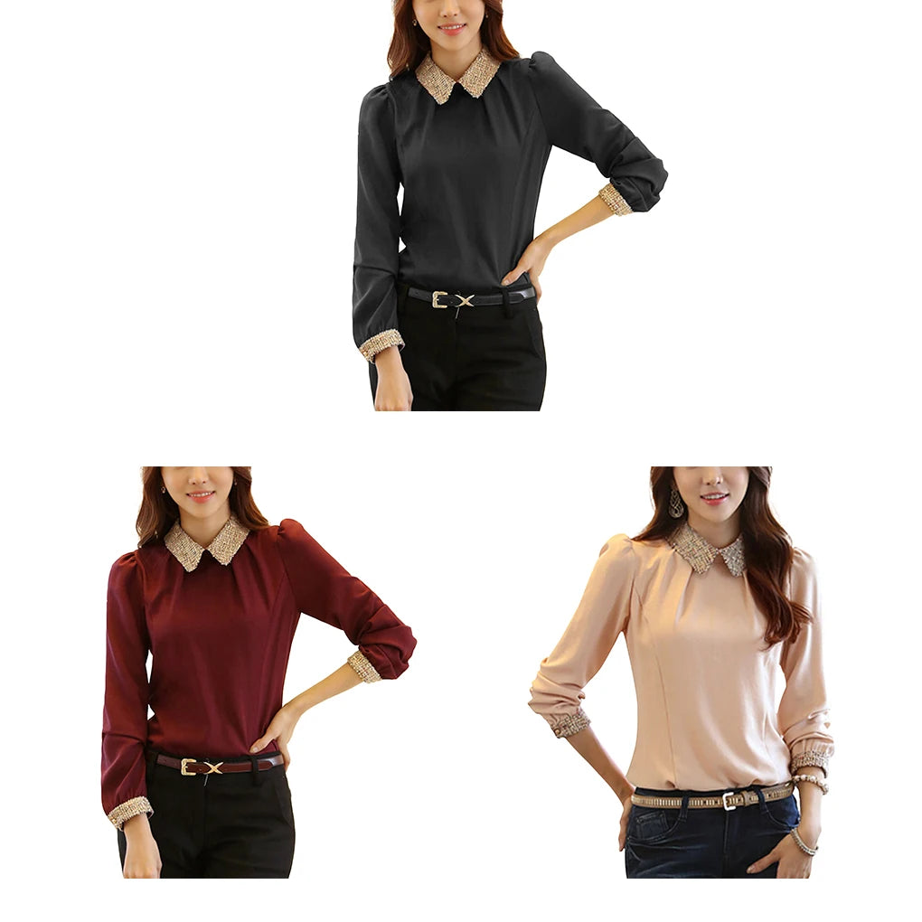 Doll Collar Shirt Chiffon Blouse Slim Fit Long Sleeve OL Shirt Lapel Pullover Shirt Tops Sweatshirt