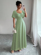 Pink Butterfly Print Chiffon Maxi Dress with Ruched Bodice and Batwing Sleeves for Summer