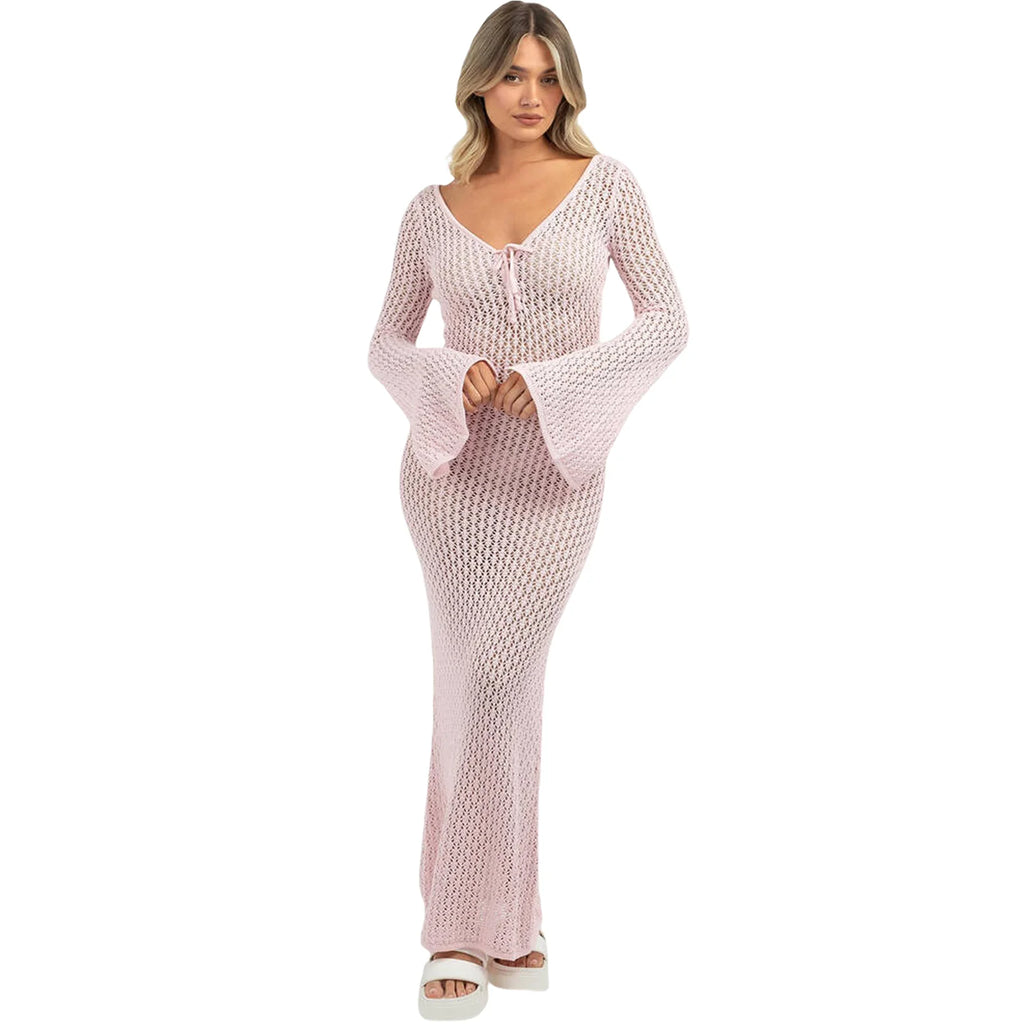 Women s Long  Fit Dress Long Sleeve V Neck Tie Up Knitted Crochet Beach Dresses