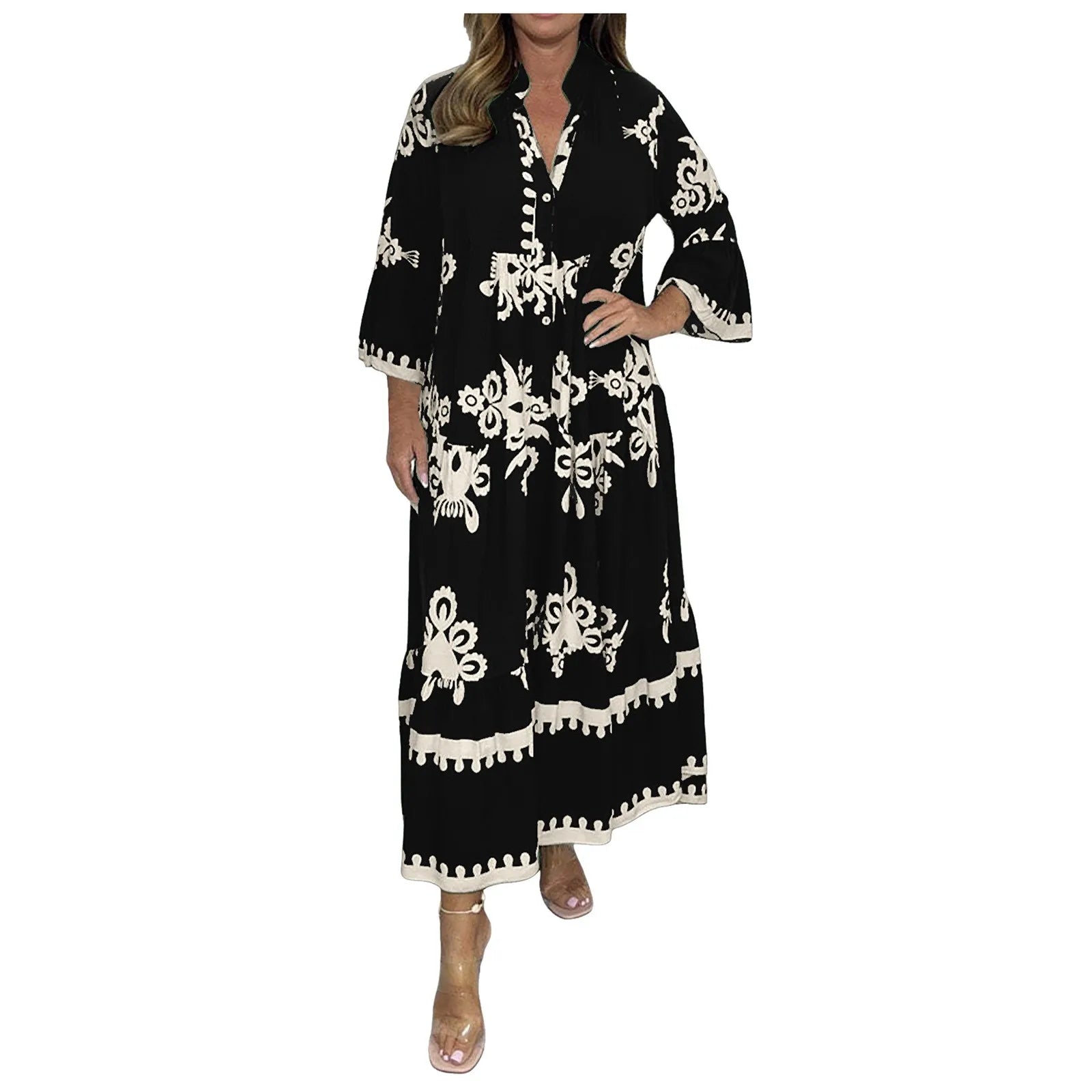 Casual Long Dresses Womens Summer Retro V Neck Print Long Sleeve Dresses Elegant High Quality Party Formal Vestidos Women
