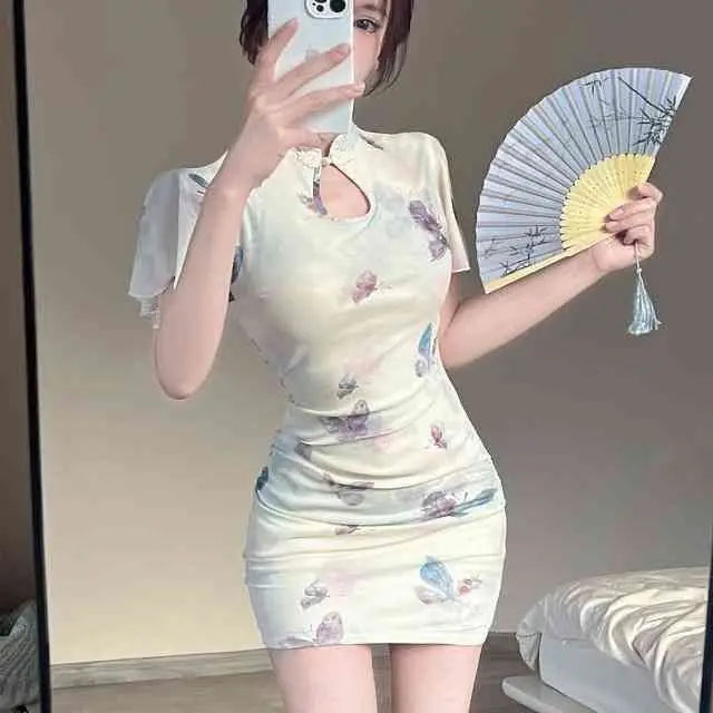 2025 Summer Women's Chinese-style Young Fashion Daily Slim-fit Lotus Leaf Edge Elegant Short-sleeved Cheongsam Dress