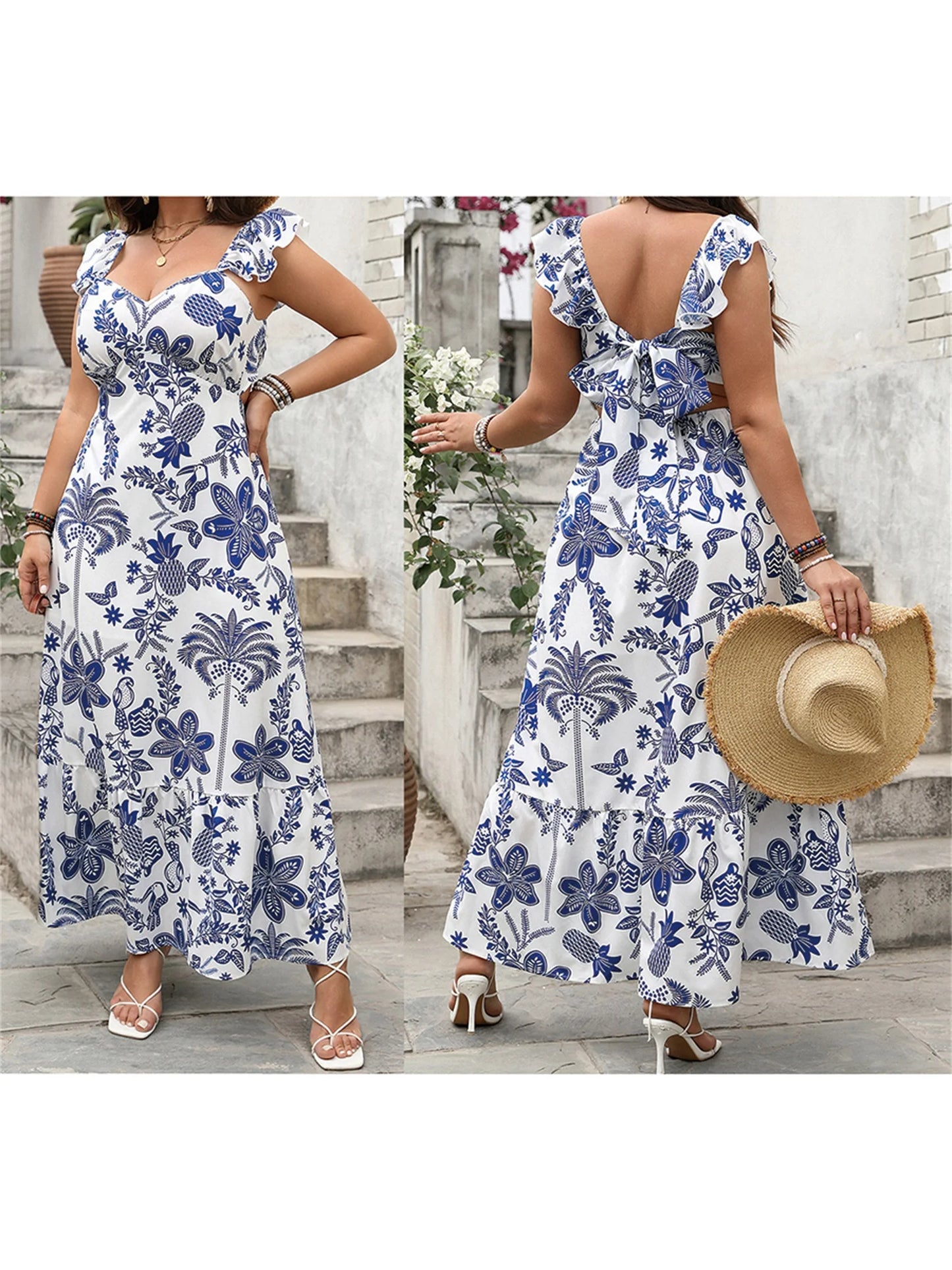 Elegant Women s Summer Dress with Floral Print V Neckline Sleeveless Design and Backless Detail in Plus Size A-Line