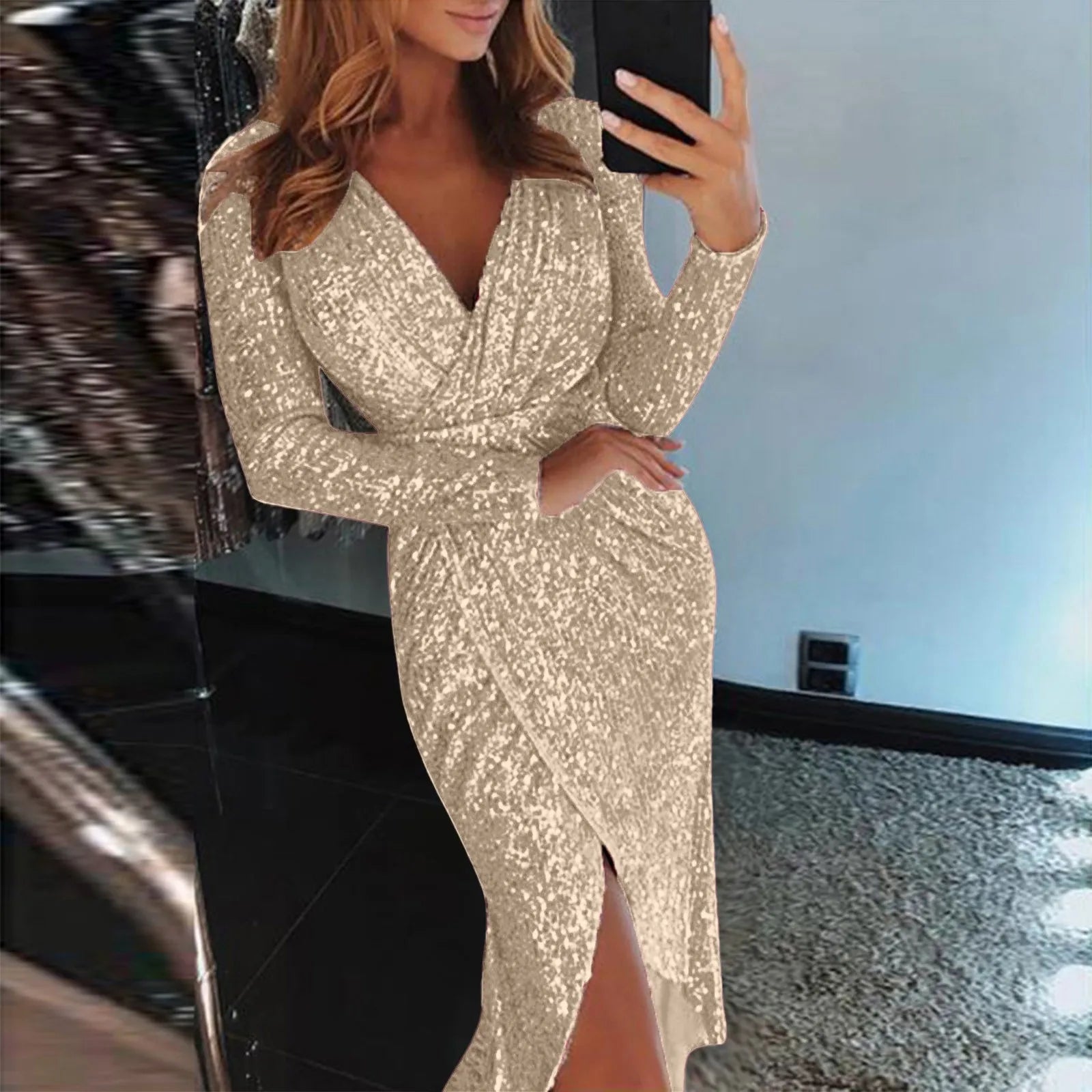 Top Selling  Dresses For Women 2024 Plus Size Deep V Sequins Wrap Ruched Long Sleeve Nightclub Dress Vestidos Para Mujer