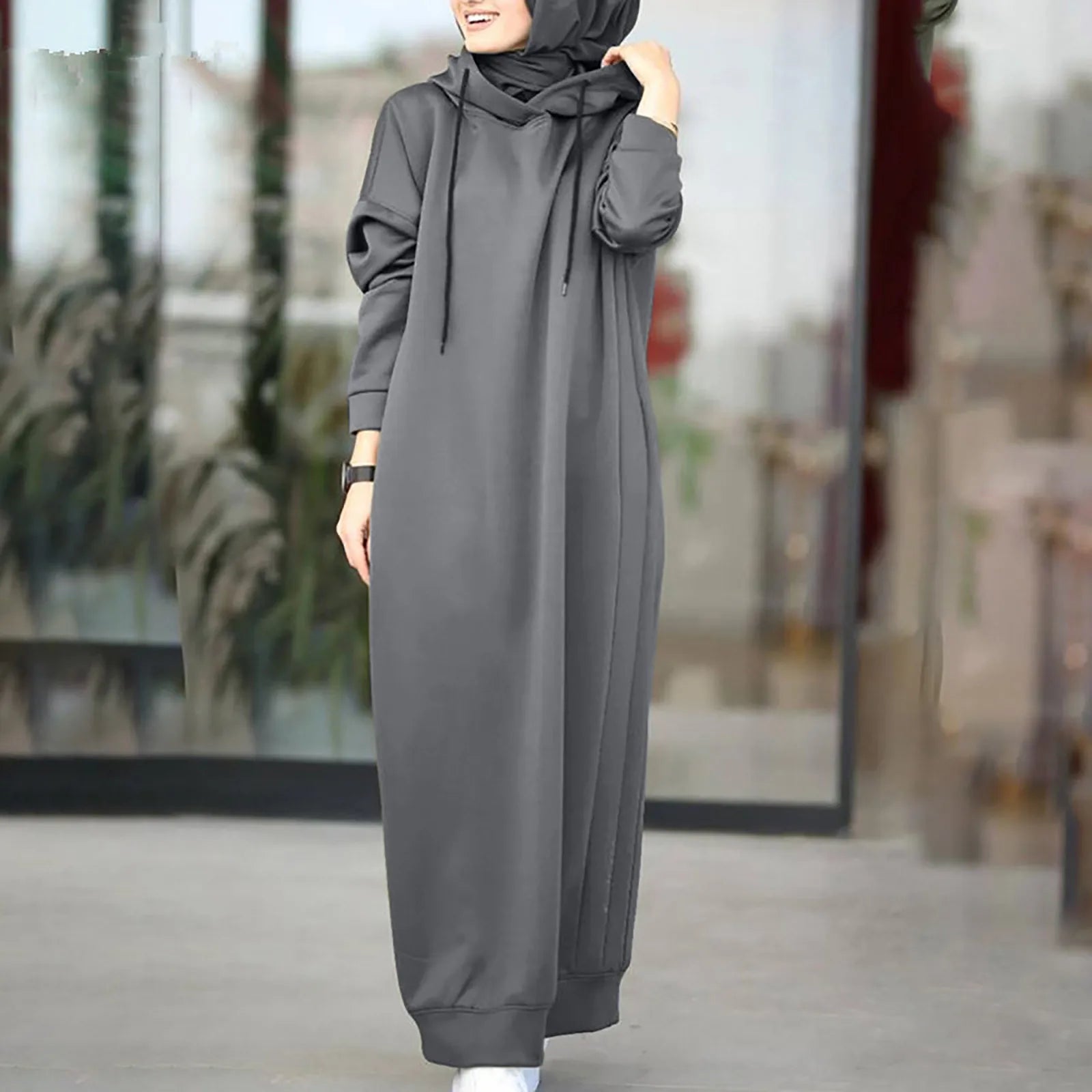 2024 Oversized Women Solid Color Maxi Dress For Women 2023 Long Sleeve Muslim Solid Casual O Neck Oversize Long Sweatshirt