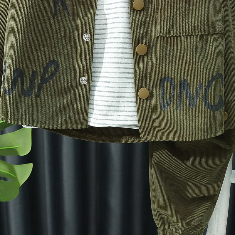 New boys' spring and autumn fashion trend letter printed corduroy jacket with round neck and three piece set of boys' pants
