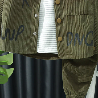 New boys' spring and autumn fashion trend letter printed corduroy jacket with round neck and three piece set of boys' pants