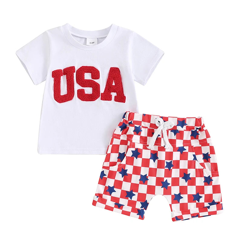 Pudcoco 4th of July Toddler Boy Outfits Fuzzy Letter Embroidery T-Shirt Stars Patrtern Checkerboard Shorts 2Pcs Clothes Set 0-3T