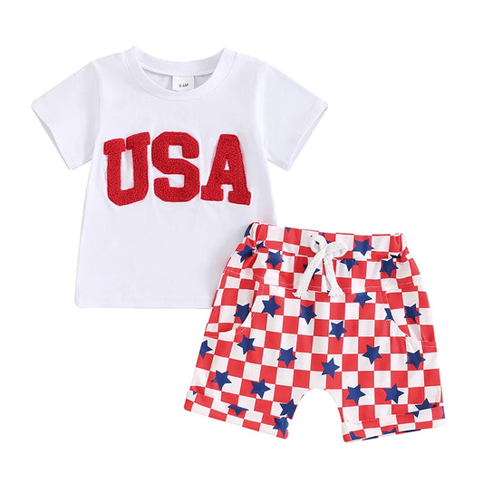 Pudcoco 4th of July Toddler Boy Outfits Fuzzy Letter Embroidery T-Shirt Stars Patrtern Checkerboard Shorts 2Pcs Clothes Set 0-3T