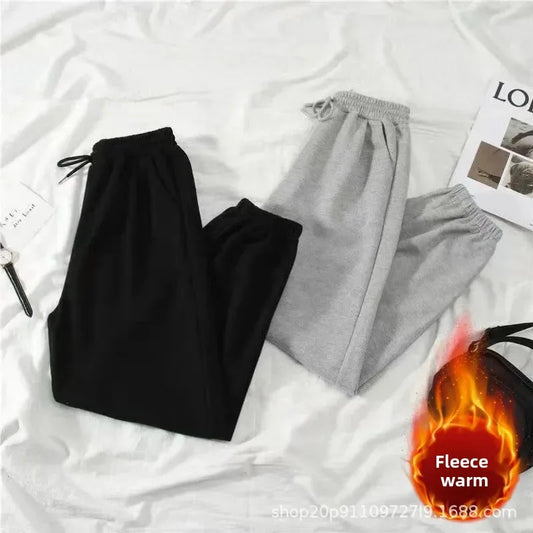 Thickened Fleece Black Sports Pants Pure Color Casual Trousers Autumn Winter New Style Slimming Harlan Pants for Women