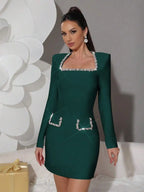 Red Rhinestone-Embellished Long Sleeve Bodycon Mini Dress for Evening Events