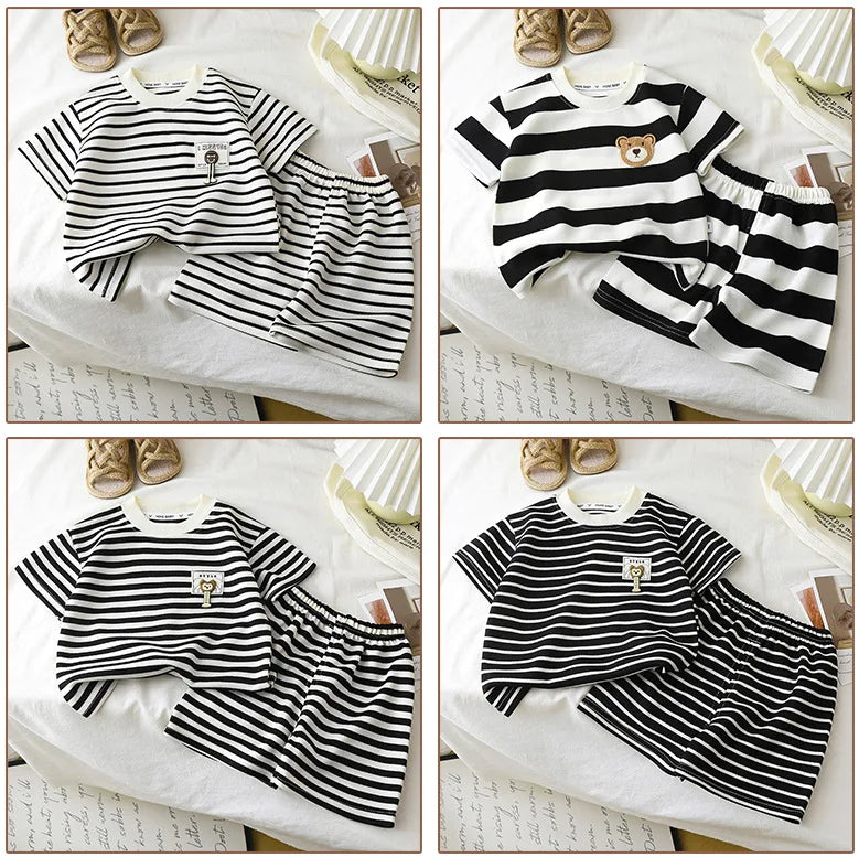 Children Boys Short Sleeves Suit Summer Stripe Kid Boy Outfit Infant Baby Boys Top+cotton Shorts Tracksuits Toddler Girl Clothes