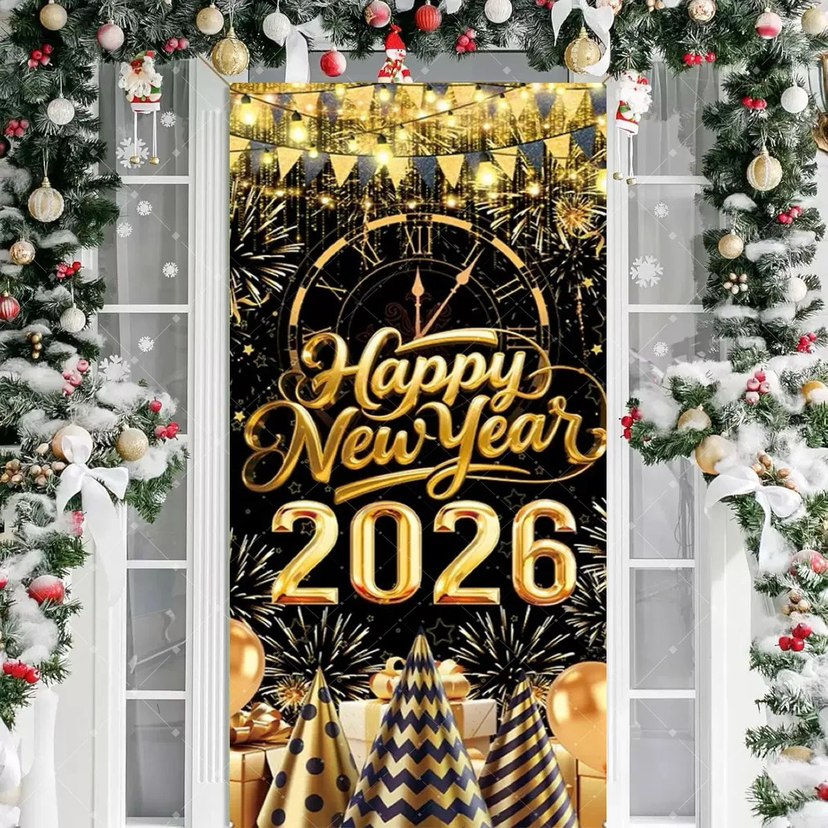 Black Gold 2026 Happy New Year Theme Party Door Decor Backdrop New Year Clock Gift Champagne Party Cake Table Porch Decor Banner