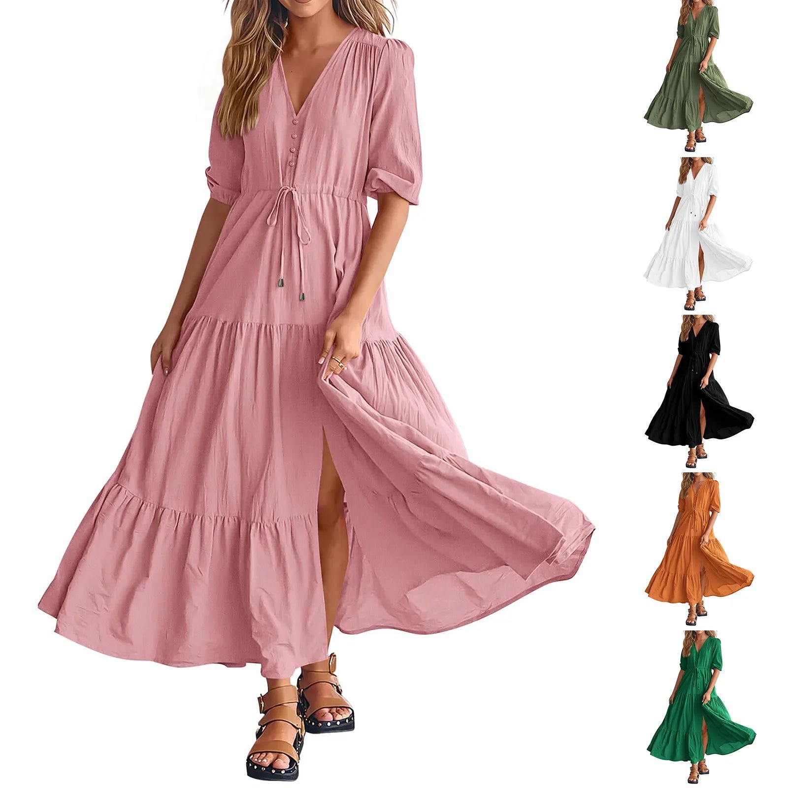 Women Button Drawstring Maxi Dresses Summer Lantern Sleeve Solid Color Boho Long Dresses Sexy A Line Tierred Large Swing Dress