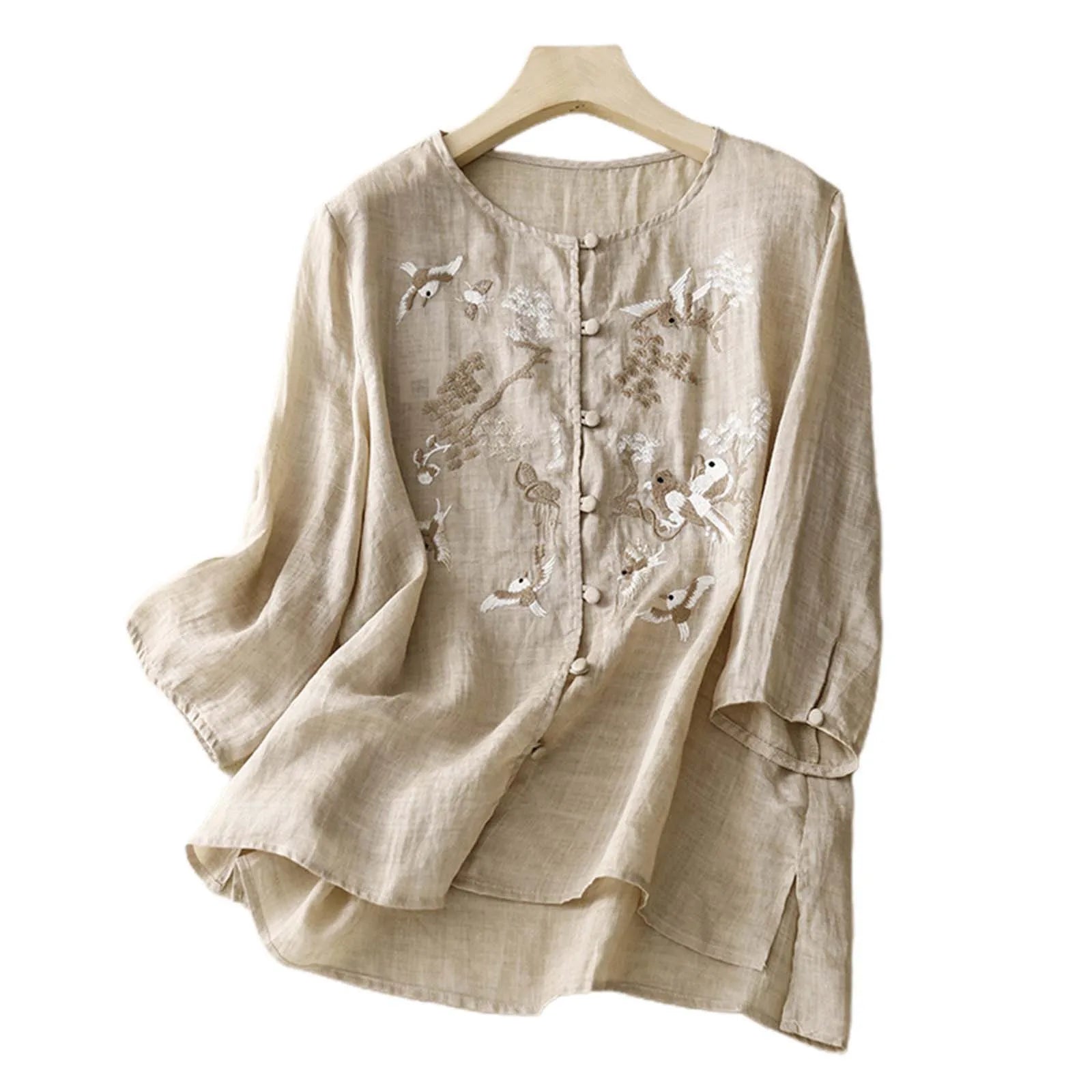 Summer Cotton Linen Shirts & Blouses For Women Vintage Embroidered Loose Fit Shirt Casual Blusas Camisas Solid Tops Blouse 셔츠