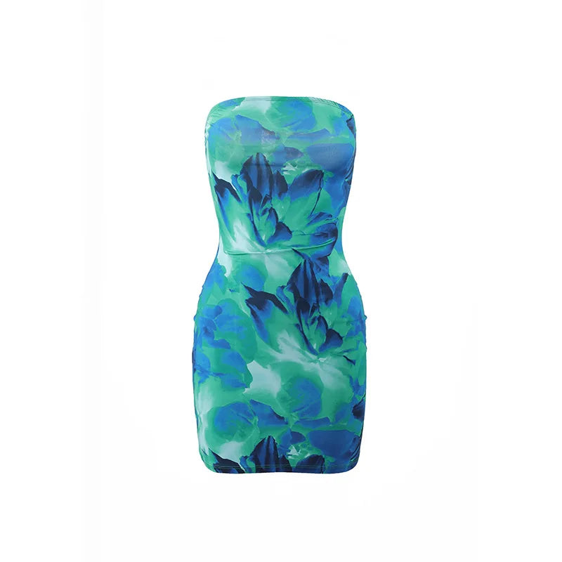 Sexy strapless floral print backless slim fit dress for women in summer 2025 comfortable and elegant beach vacation short skirt