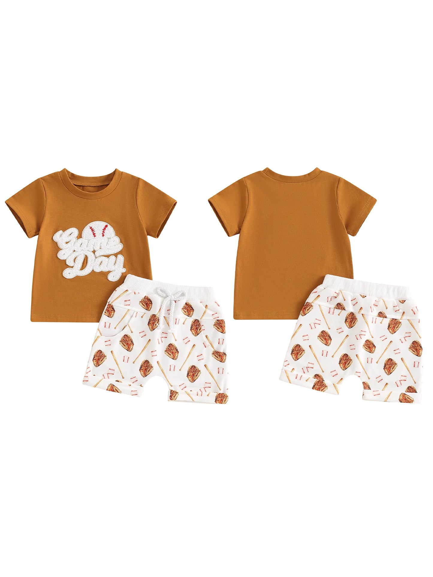 Toddler Boys 2-Piece Outfit Short Sleeve Tee with Fun Embroidery and Matching Baseball Print Shorts for a Stylish Summer Look