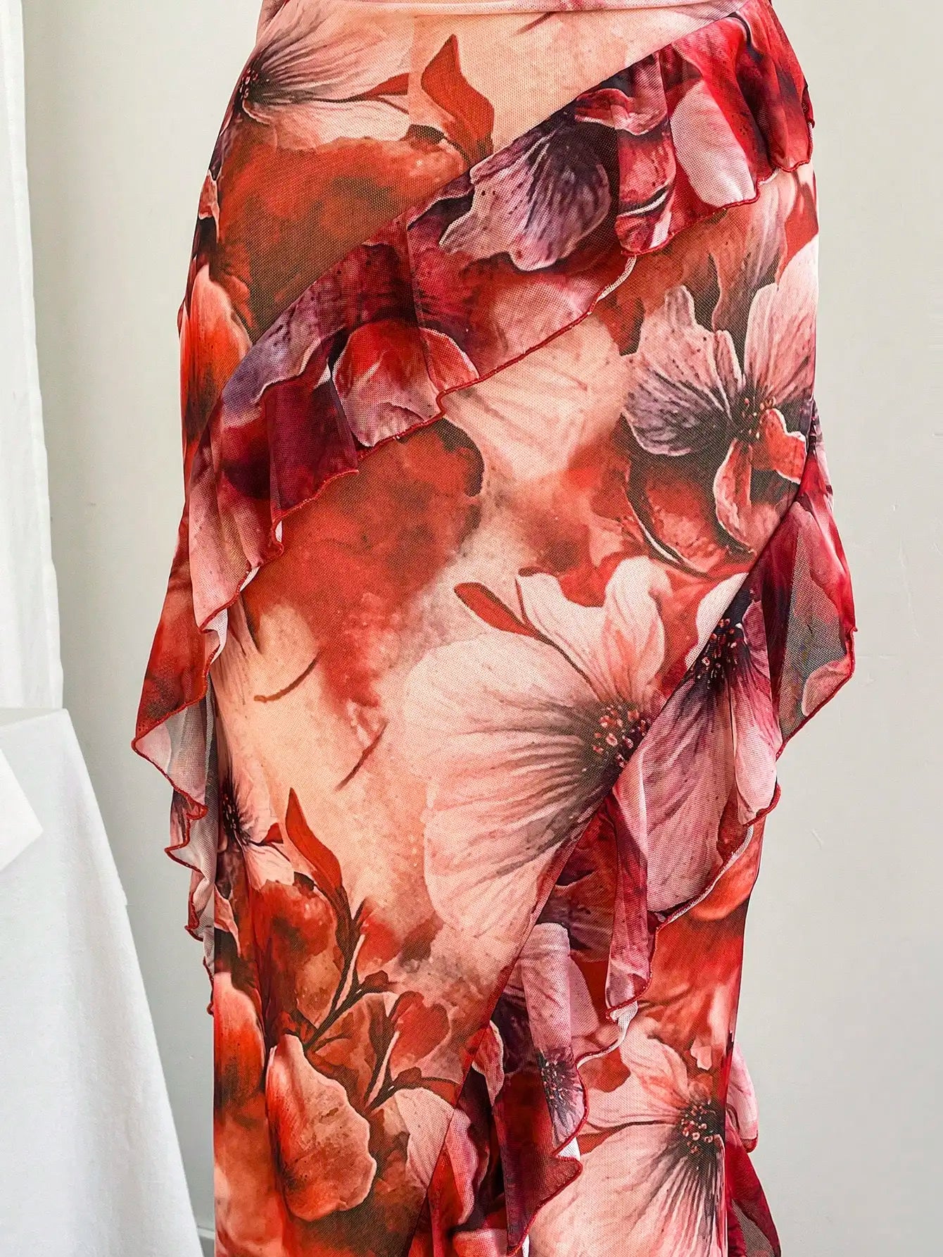 Soleia Women's Colorful Vintage Floral Print Draped Neck Layered Ruffle Hem Maxi Dress, Vacation Style Elegant Dress Women,