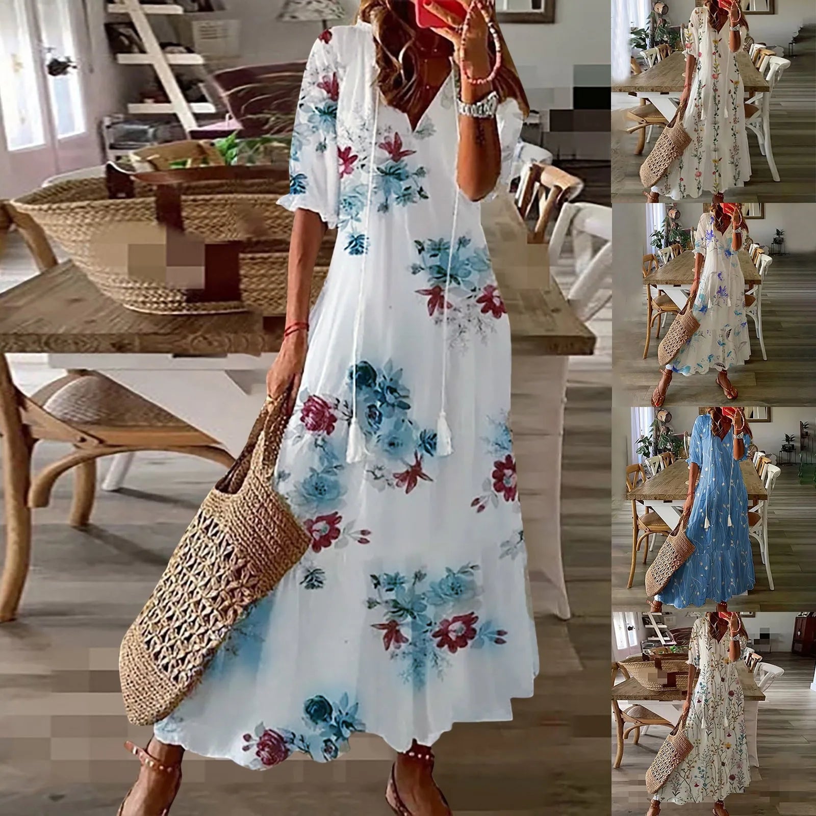 Women Dresses Casual Loose Comfortable Plus Size Dress With Tassels Bohemian Printed V Neck Long Length Woman Vestidosct