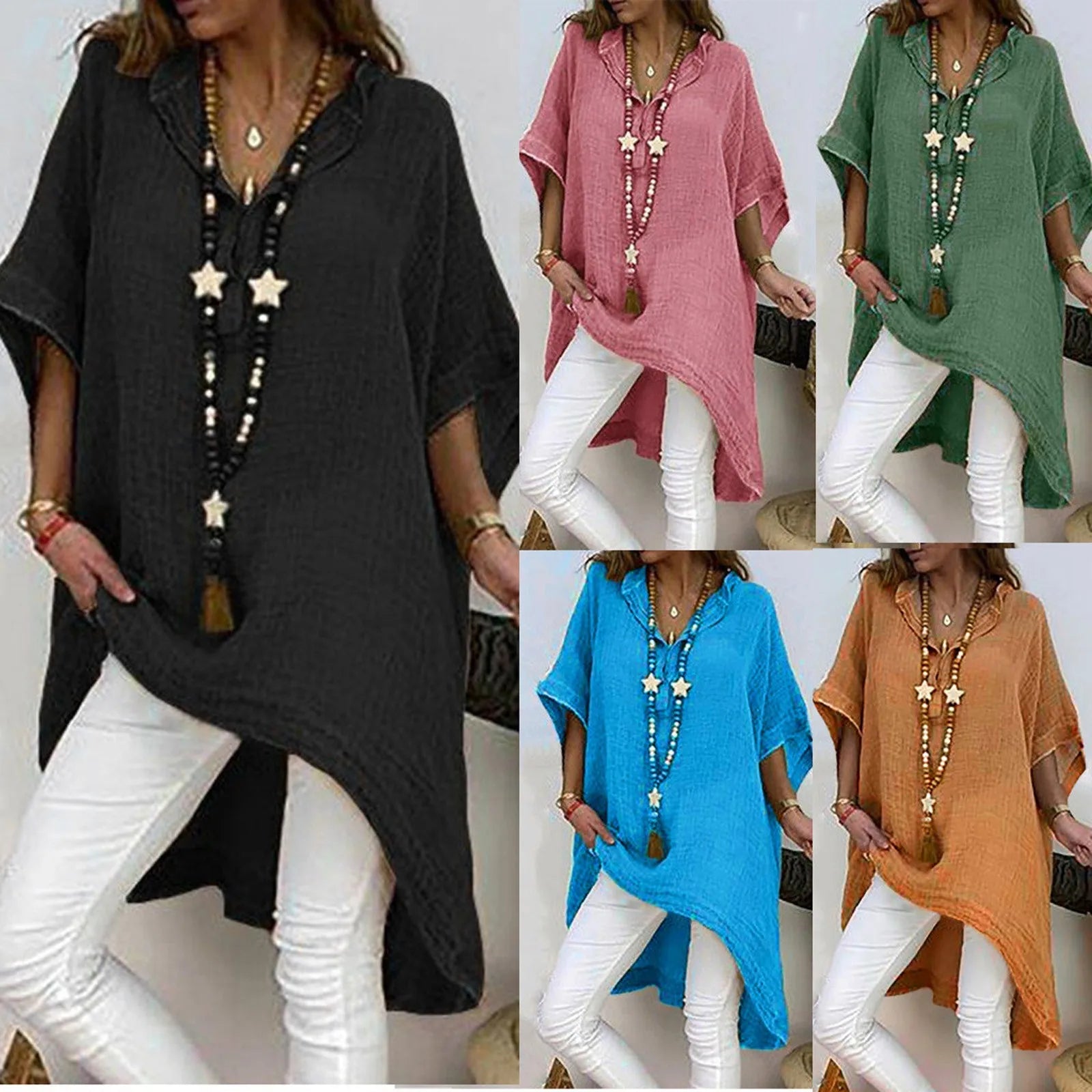 2025 New Casual Blusas Women Short Sleeve Cotton Linen Loose Blouse Vintage Oversized Shirt Elegant Irregular Long Tunic Tops