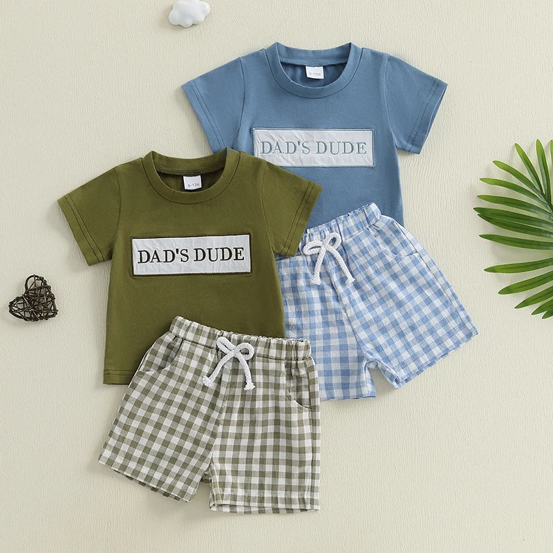 Infant Boy s Casual Outfit with Embroidered T-shirt and Plaid Shorts Elastic Waistband 2-Piece Set for Toddlers