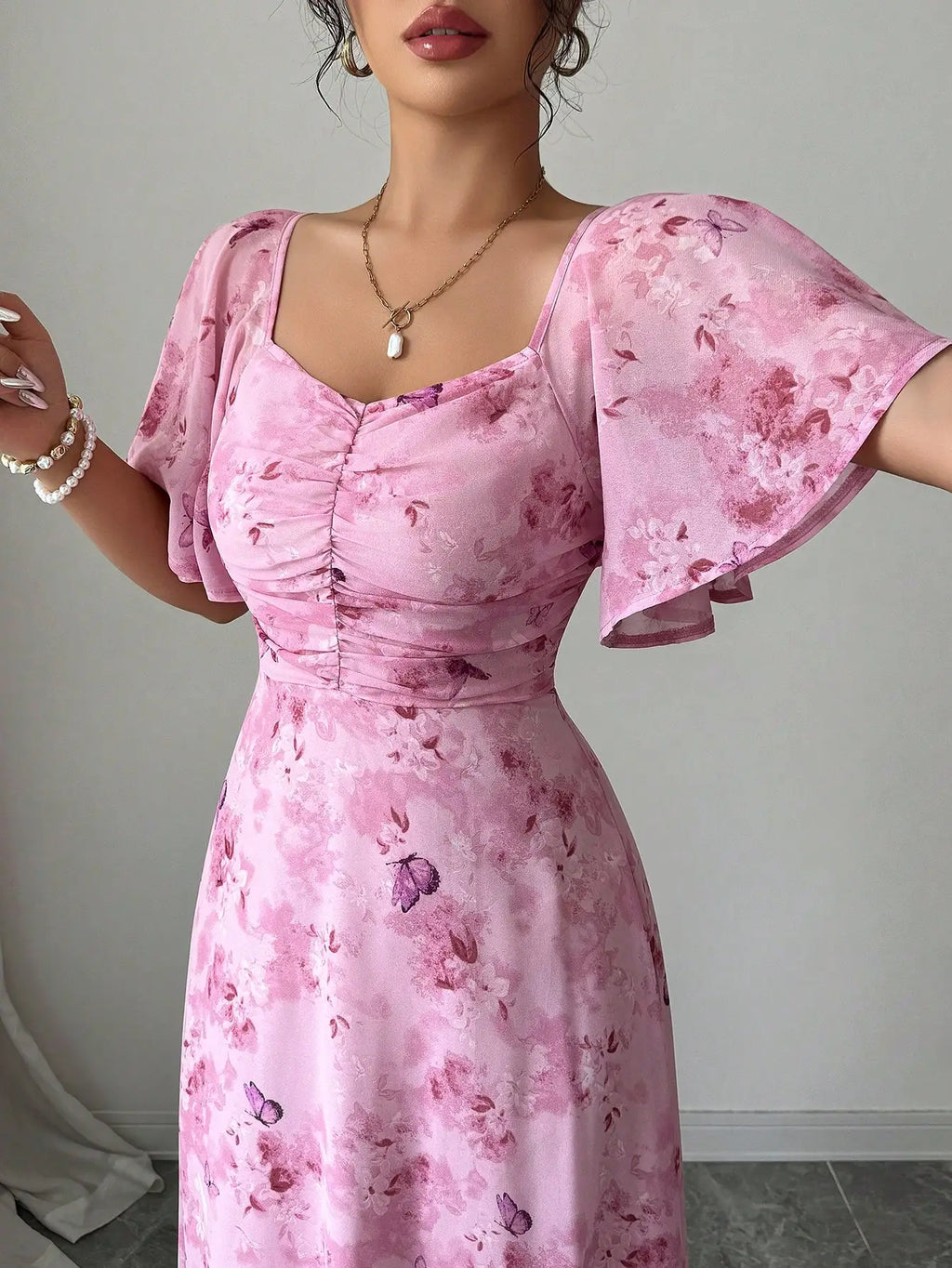 Pink Butterfly Print Chiffon Maxi Dress with Ruched Bodice and Batwing Sleeves for Summer