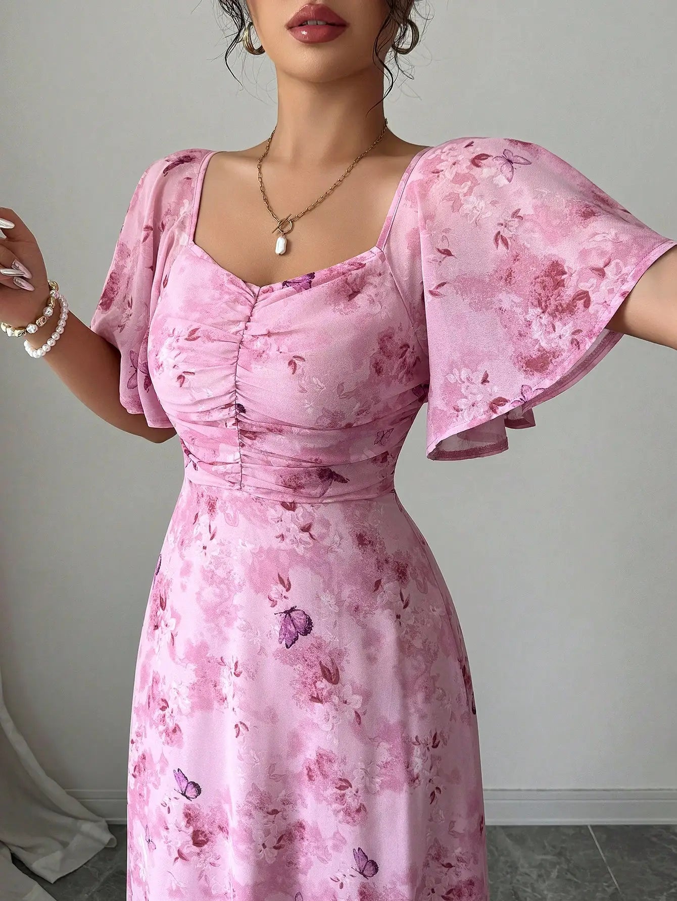 Pink Butterfly Print Chiffon Maxi Dress with Ruched Bodice and Batwing Sleeves for Summer