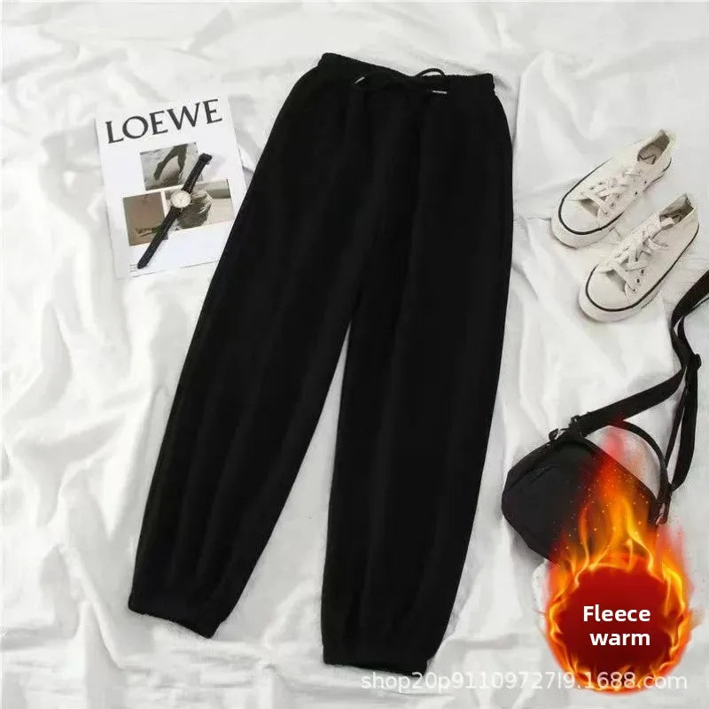 Thickened Fleece Black Sports Pants Pure Color Casual Trousers Autumn Winter New Style Slimming Harlan Pants for Women