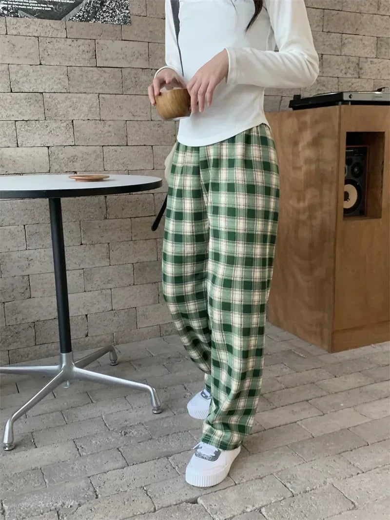 2025 Fashion Warm Plush Pants Cashmere Thick Plaid Ladies Winter Casual Loose Wide-legged Pants Korean Streetwear Students