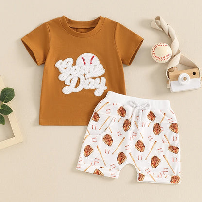 Toddler Boys 2-Piece Outfit Short Sleeve Tee with Fun Embroidery and Matching Baseball Print Shorts for a Stylish Summer Look