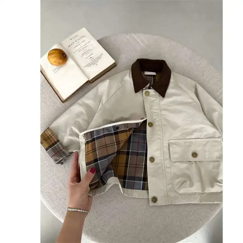 2025  Spring Autumn Kids Boys Jacket Plaid Spliced Pocket Long Sleeve Toddler Boys Outerwears Coat Children Boys Jacket