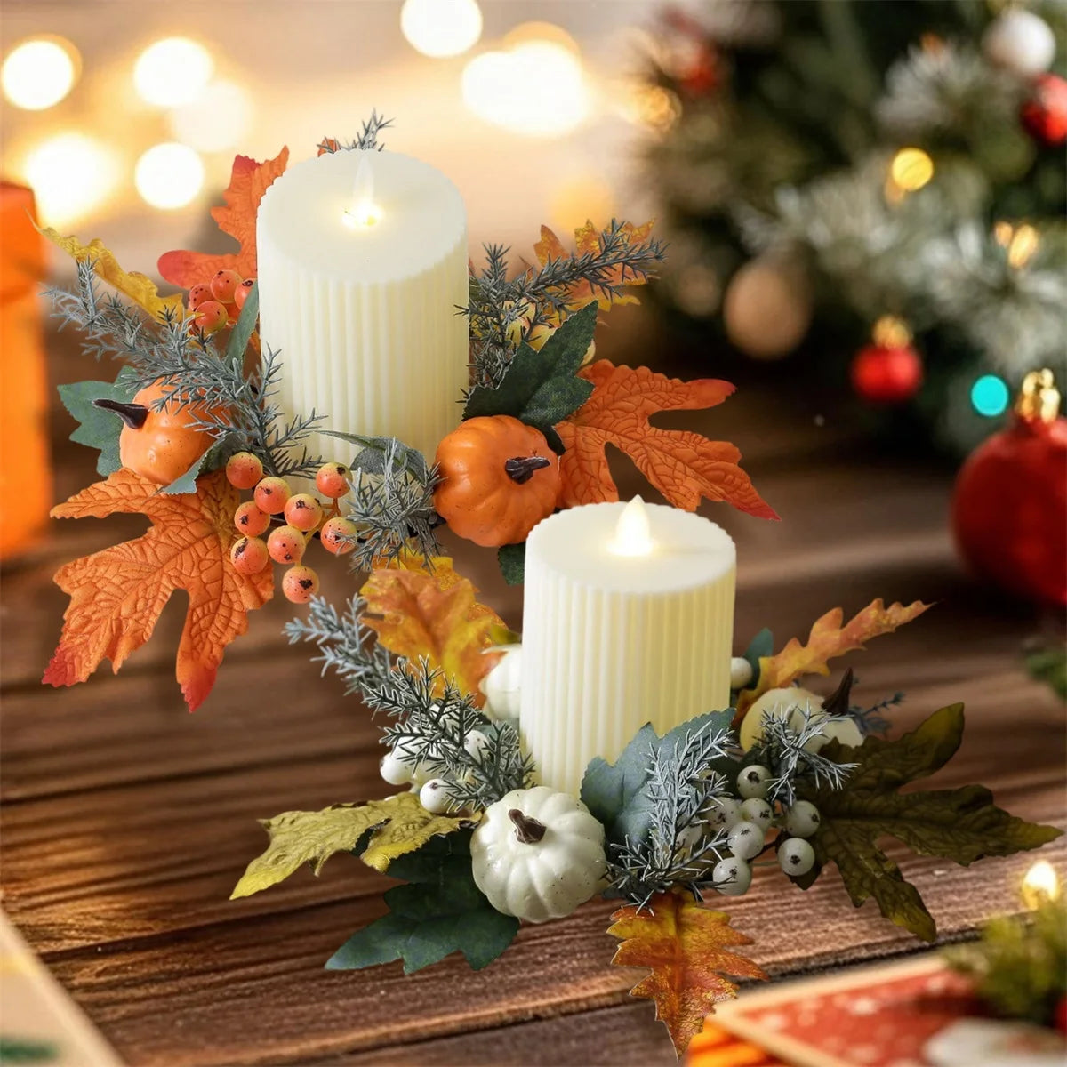 Fall Harvest Pumpkin Maple Leaf Candle Ring Wreath for Thanksgiving Farmhouse Table Centerpiece Decorations and Festival Display