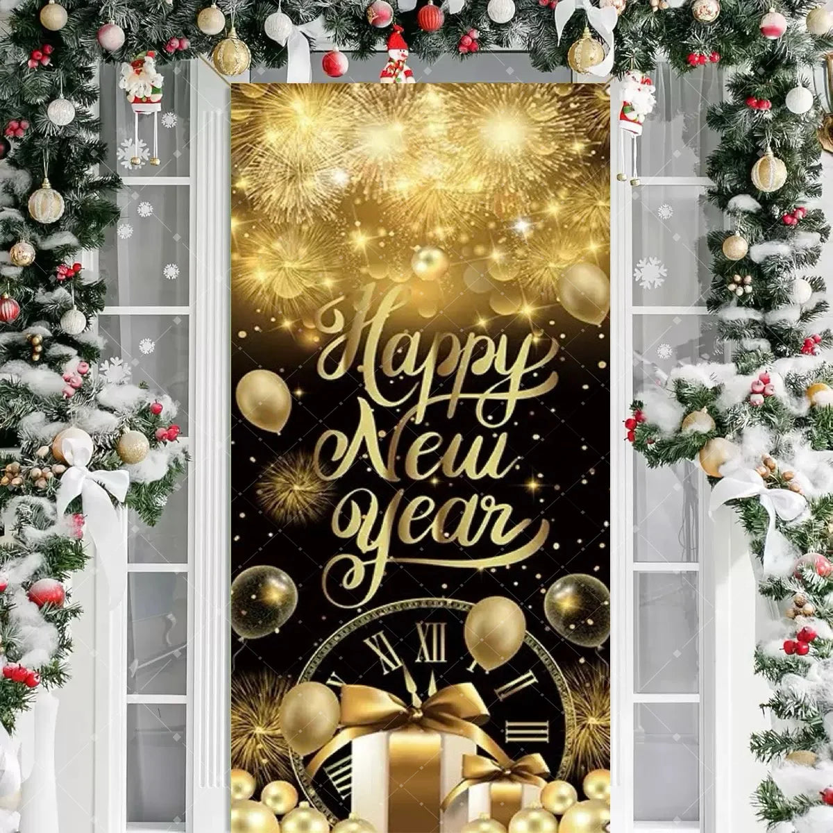 Black Gold 2026 Happy New Year Theme Party Door Decor Backdrop New Year Clock Gift Champagne Party Cake Table Porch Decor Banner
