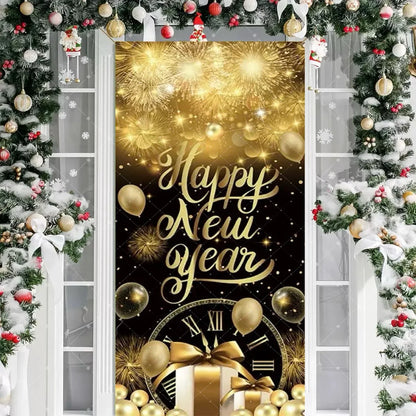 Black Gold 2026 Happy New Year Theme Party Door Decor Backdrop New Year Clock Gift Champagne Party Cake Table Porch Decor Banner