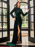 Emerald Green Velvet Long Sleeve High Neck Sequin Maxi Dress with Side Slit