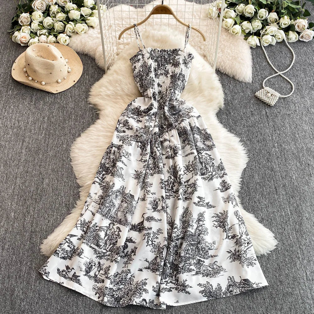 2025 New Summer Pink/Purple Flower Print Romantic Retro Party Dress Elastic High Waist Vacation Long Dress Beach Vestido