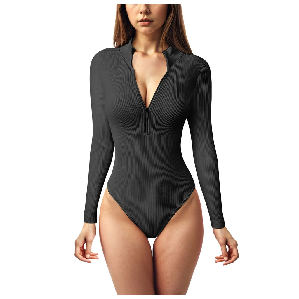 Women Ribbed One-Piece Bodysuits Half Zip Up Stand Collar Y2k Tops Bottoming Undershirts Slimming Long Sleeve Jumpsuits Tops