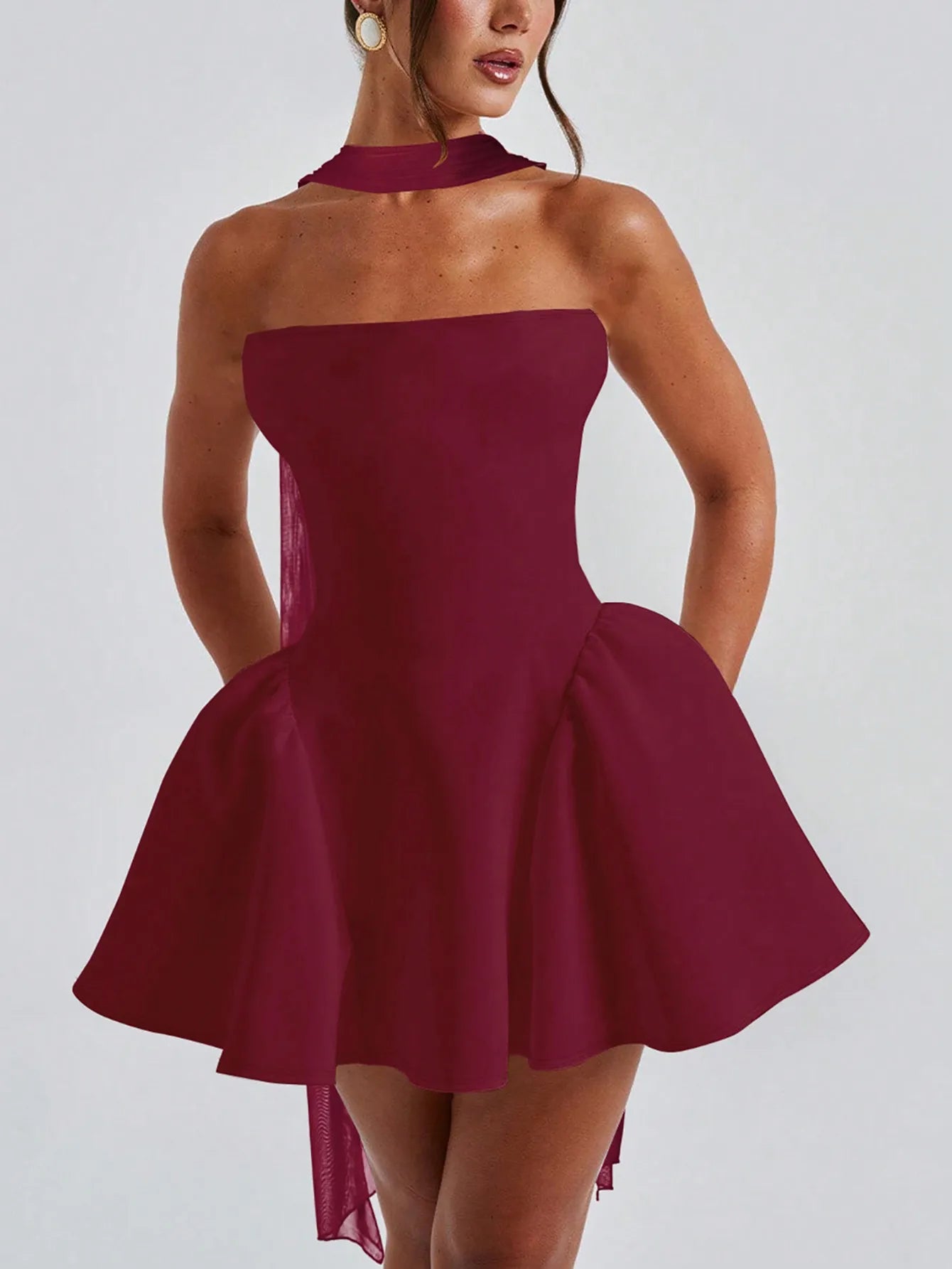 Burgundy Strapless Mini Dress with Choker Neckline and Flared Skirt