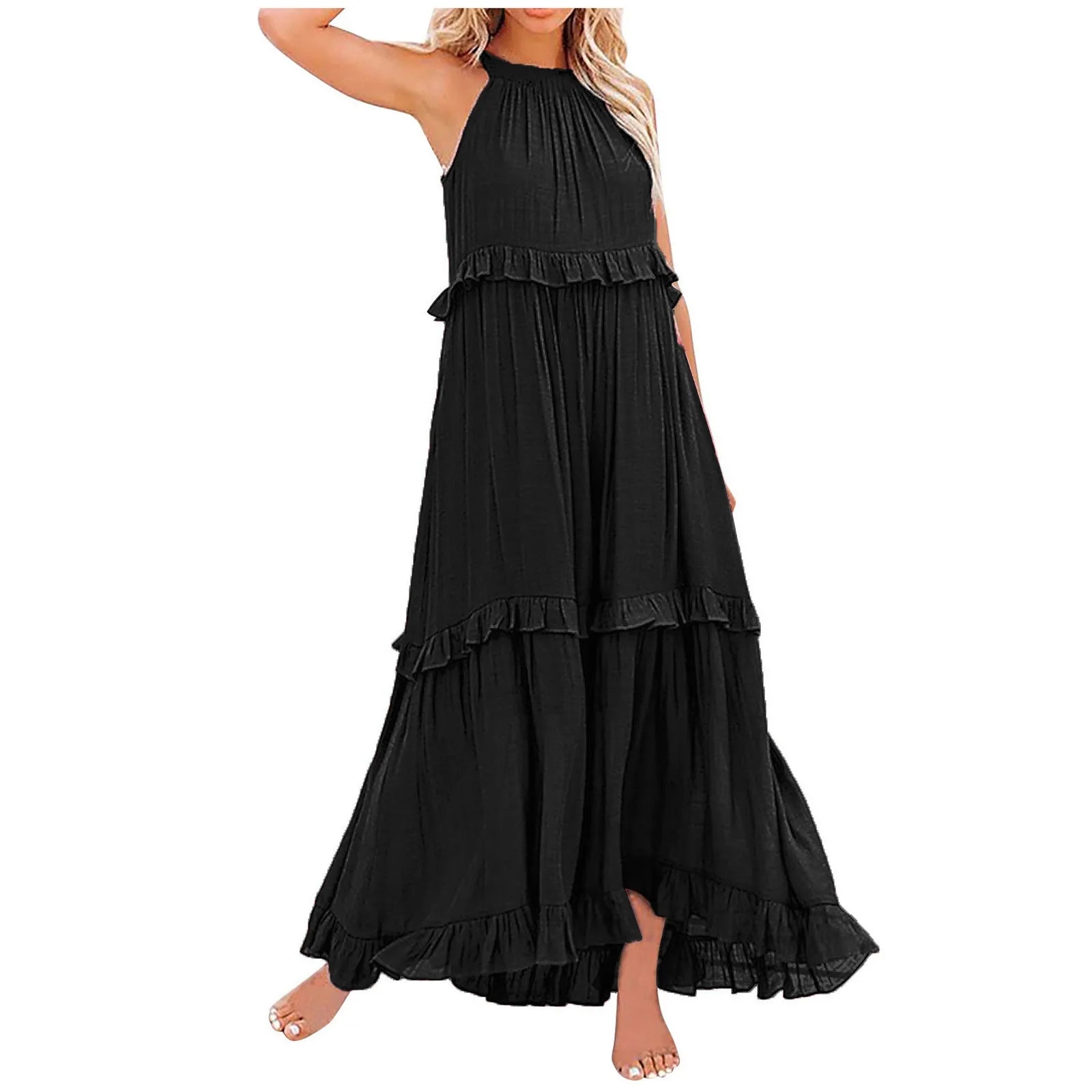 Women Casual Ruffles Long Dress Summer Elegant Sleeveless Sundress Elegant Harajuku Maxi Dress Beach Party Evening Vestidos