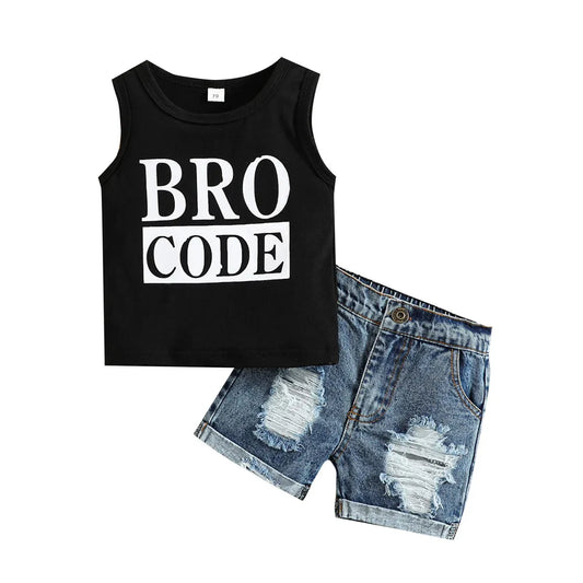 Infant Baby Toddler Boys Summer Outfit Set Round Neck Sleeveless Letter Print Tank Tops with Ripped Denim Shorts 3M-3T