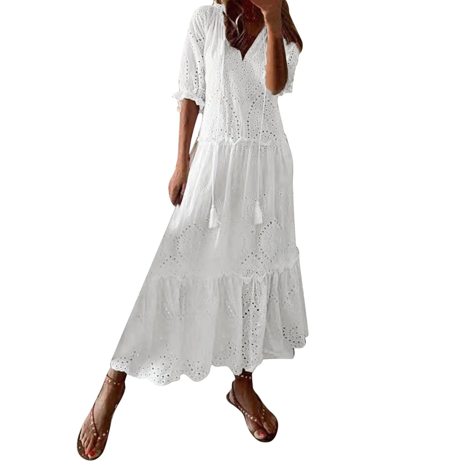 Summer Cotton Dress for Women Casual Hollow Crochet Bohemian Loose Beach Long Dress Ladies Holiday Ruffles Maxi Dress Vestidos