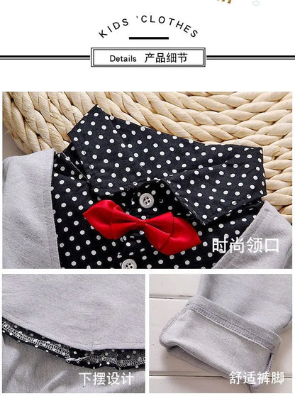 Autumn toddler boy polka dot V-neck bow tie shirt+suit jacket+letter printed trousers 3Pcs suit