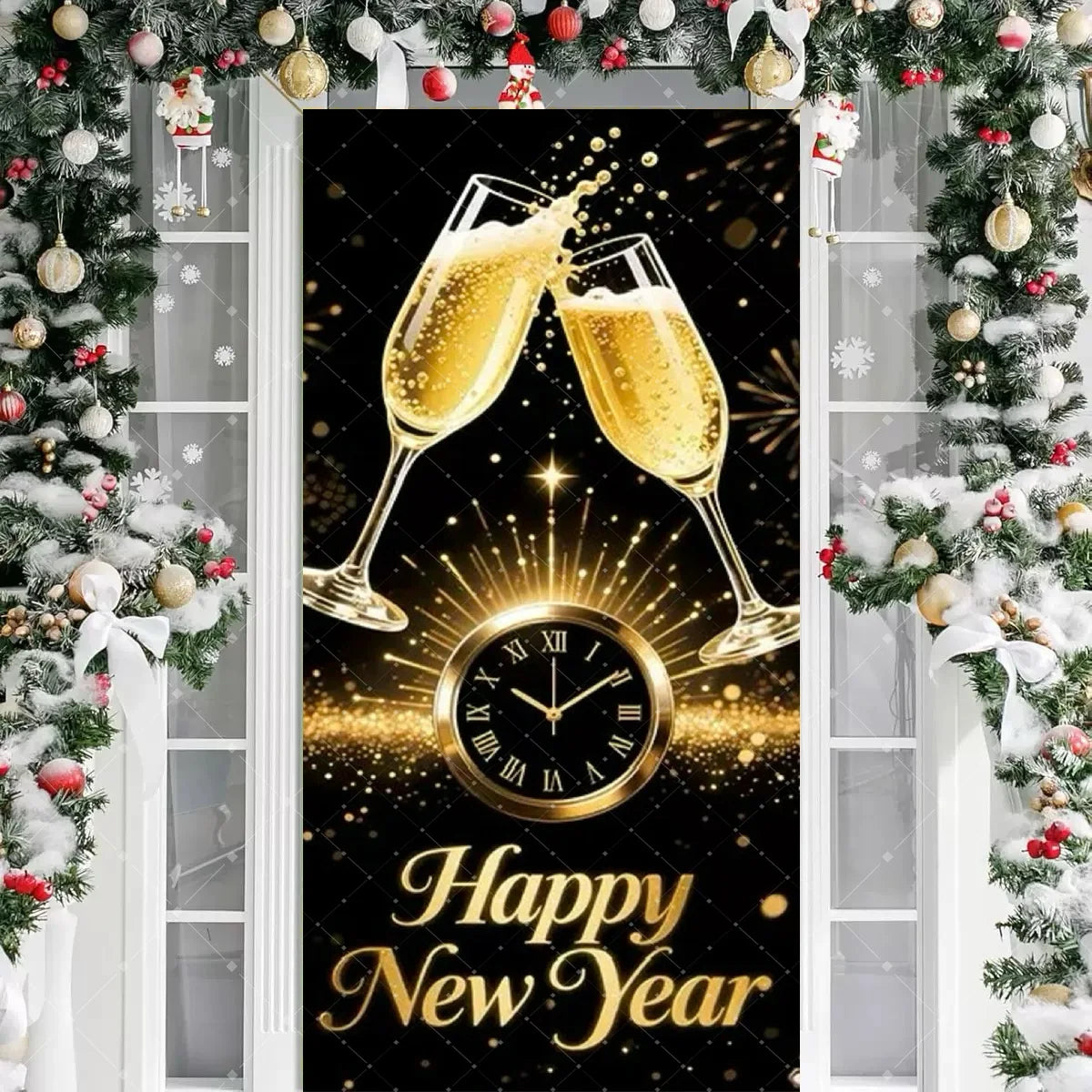 Black Gold 2026 Happy New Year Theme Party Door Decor Backdrop New Year Clock Gift Champagne Party Cake Table Porch Decor Banner
